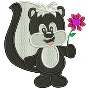 Cute Little Skunk Holding a Flower Filled Machine Embroidery Design Digitized Pattern